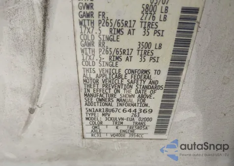 2007 Nissan Pathfinder Le from USA, damaged, VIN 5N1AR18U67C644369